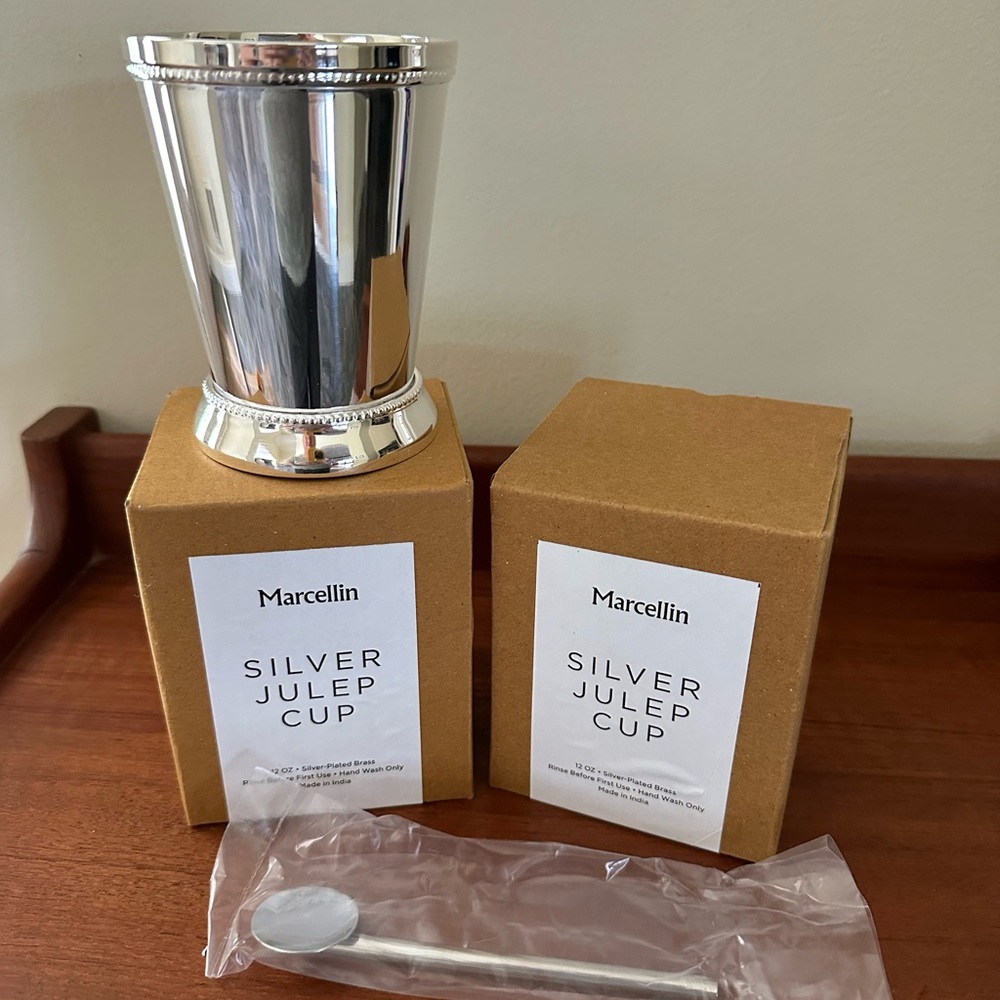Brand new in box Julep cups with muddling spoons. Set of 2